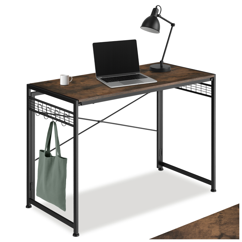 tectake Dark Wood Rustic Foldable Desk with 8 Storage Hook Image 2