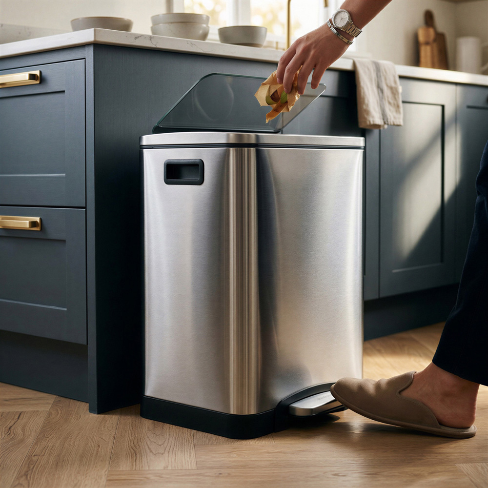 Harbour Housewares Brushed Stainless Steel Double Kitchen Pedal Bin 30L Image 2