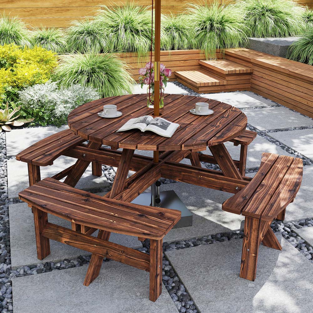 Outsunny 8 Seater Wooden Round Garden Dining Set with Parasol Hole Tan Image 1