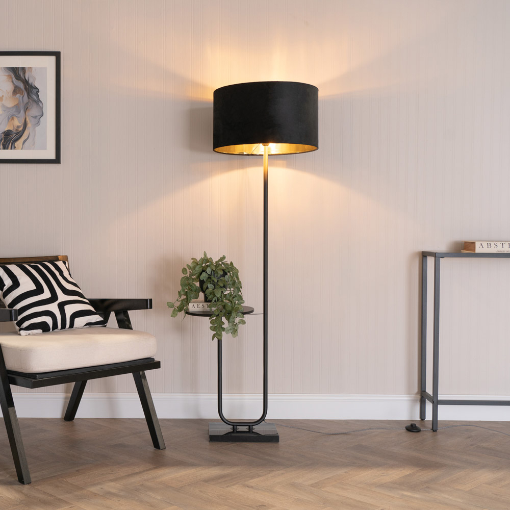 ValueLights Tavel Black LED Floor Lamp Table with Black and Gold Velvet Lamp Shade Image 3