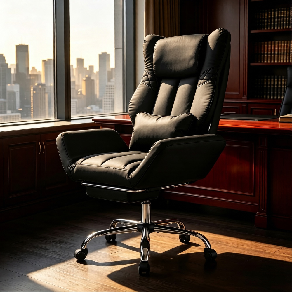 Living and Home Black Cross-Legged Office Chair with Adjustable Headrest and Footrest Image 1