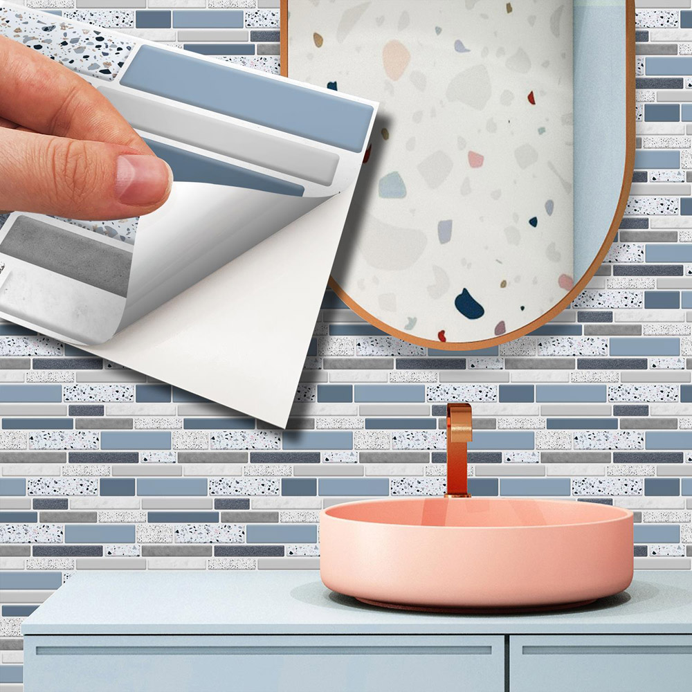 Walplus Terrazzo Silver Touch Blue and Grey Mosaic Tile Sticker 12 Pack Image 3