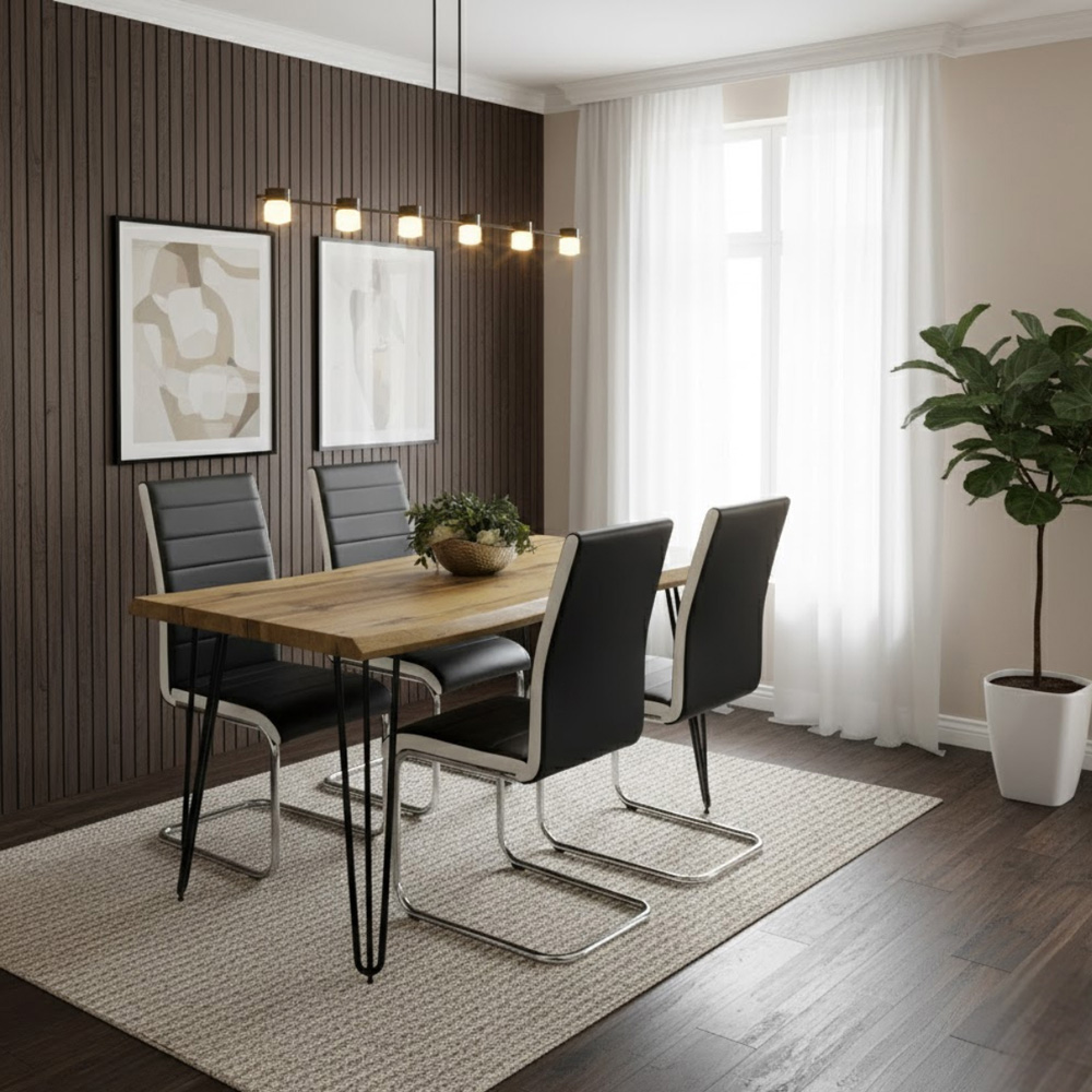 Kosy Koala 4 Seater Striped Faux Leather Wooden Dining Set White and Black Image 2