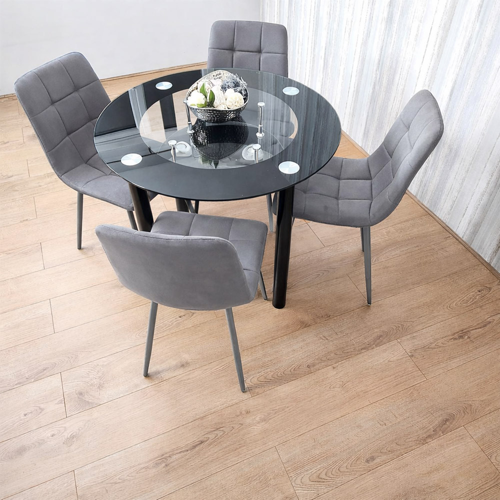 Kosy Koala 4 Seater Clear Glass Tufted Velvet Round Dining Set Grey Image 3