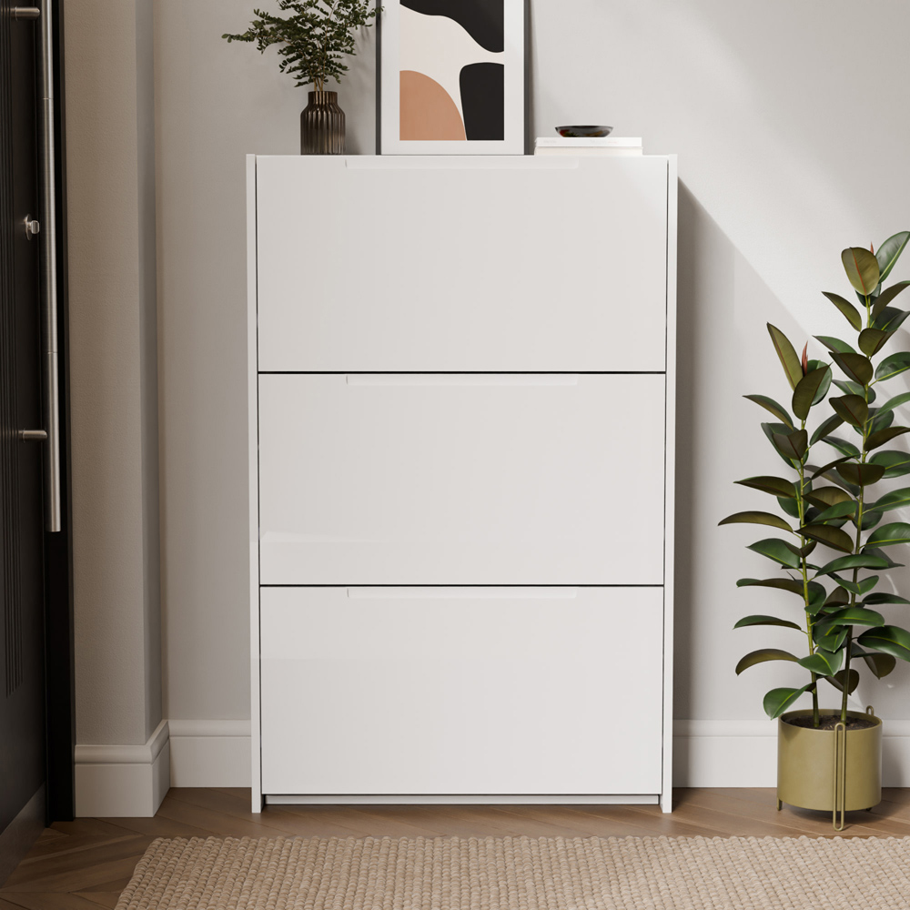 GFW Narrow White High Gloss 3 Tier Shoe Cabinet Image 8