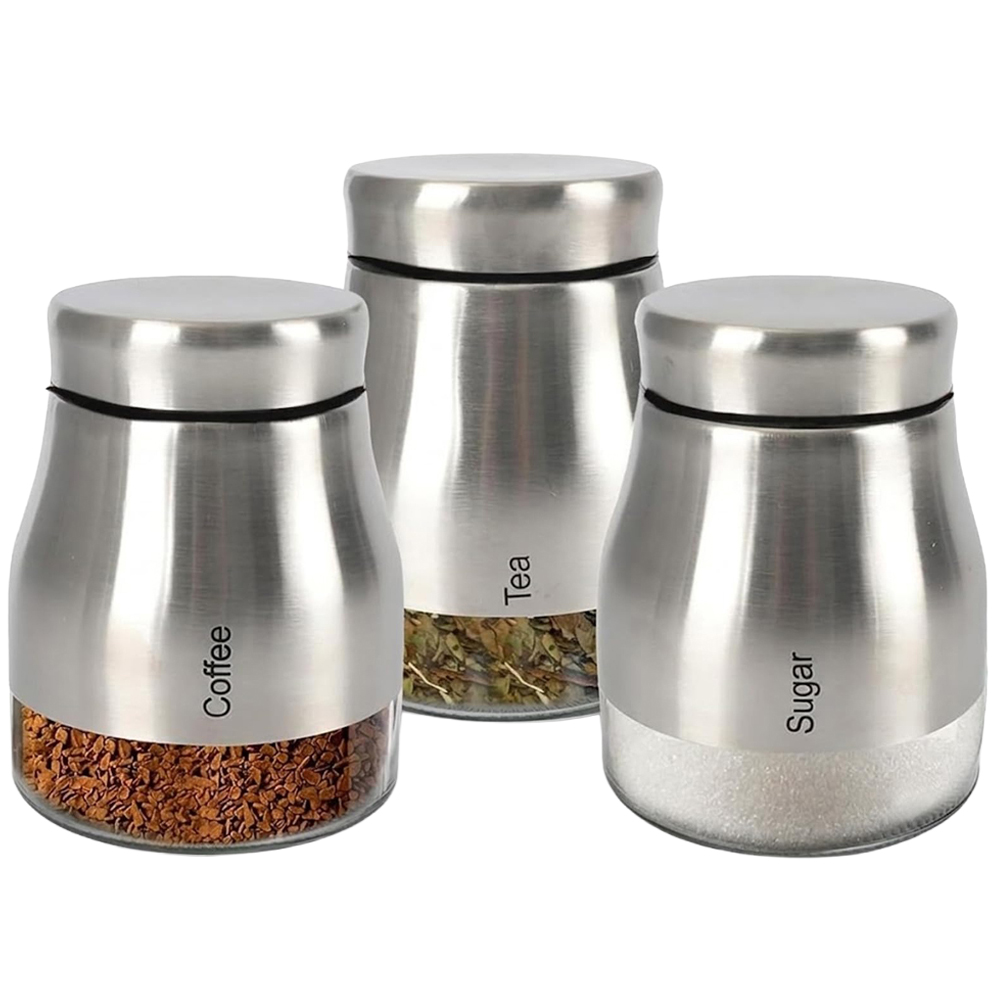 ATEK 3 Piece Tea Coffee and Sugar Silver Kitchen Canister Set Image 1