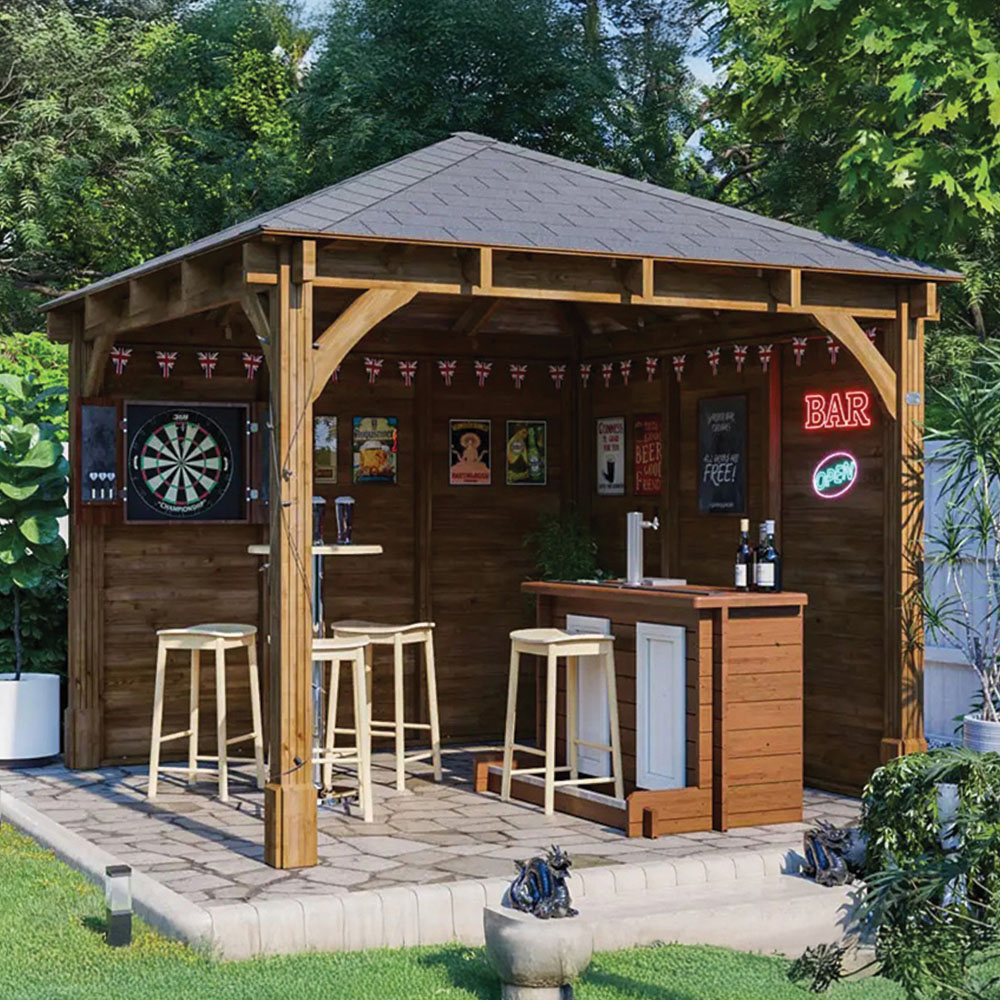 Dunster House Leviathan 3 x 3m Brown Log Bar Garden Gazebo with Heavy Duty Roof Shingles Image 1