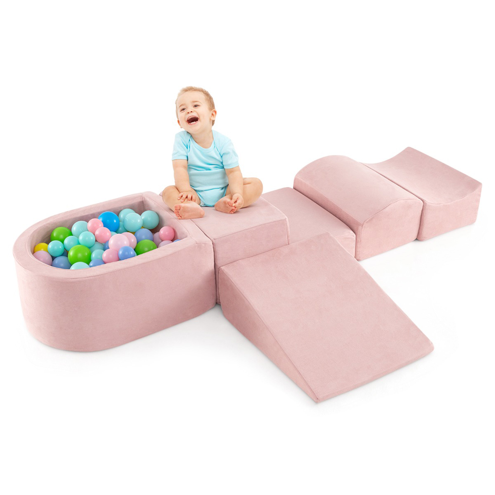 Costway Kids Pink 5 Piece Climb and Crawl Play Set with Ball Pit Image 4