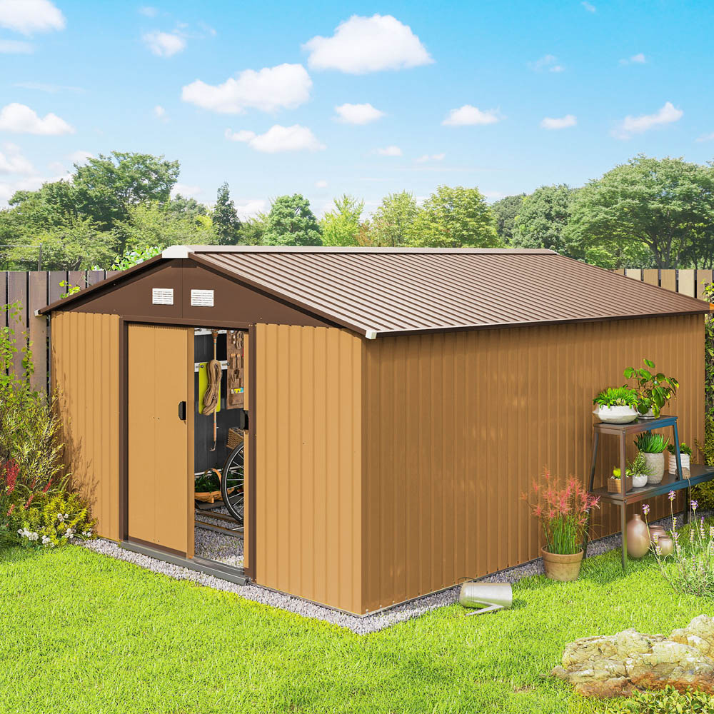 Outsunny 13 x 11ft Brown Metal Apex Garden Shed Image 2