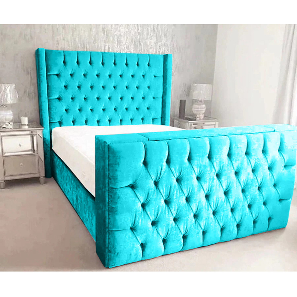 Eleganza Home Lokie Double Teal Plush TV Bed Frame with Headboard and Footboard Image 2
