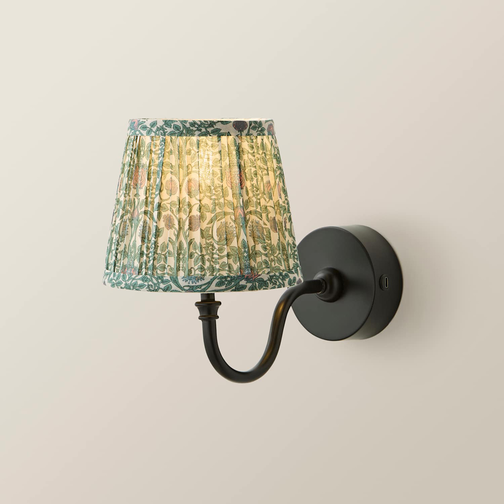 ValueLights Lowe Green Floral Pleated Shade Black Rechargeable Wall Light with Bulb Image 3