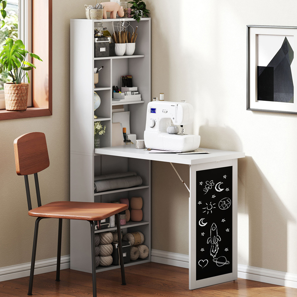 HOMCOM White Folding Convertible Desk with Blackboard and Bookshelf Image 1