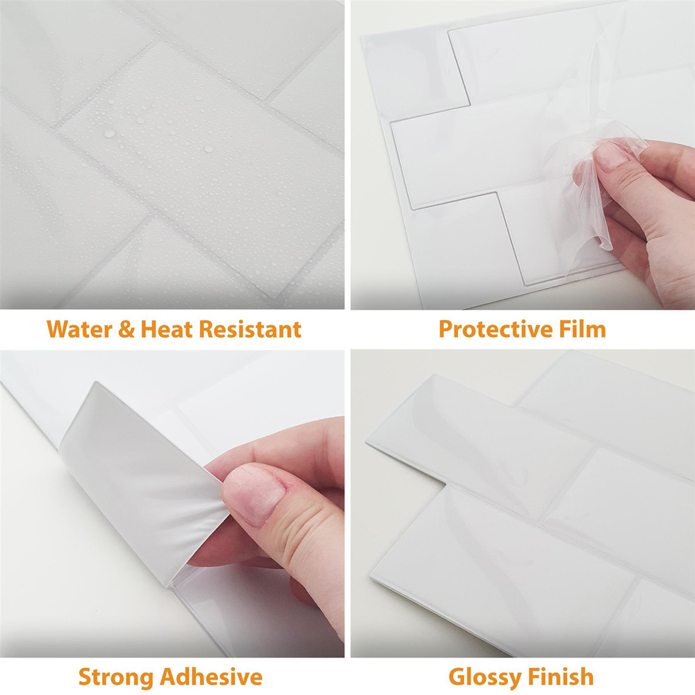 Wallplus Pure White Glossy Subway Metro Classic Brick 3D Wall Tile Sticker 30.5 x 15.4cm 100 Pack Image 8