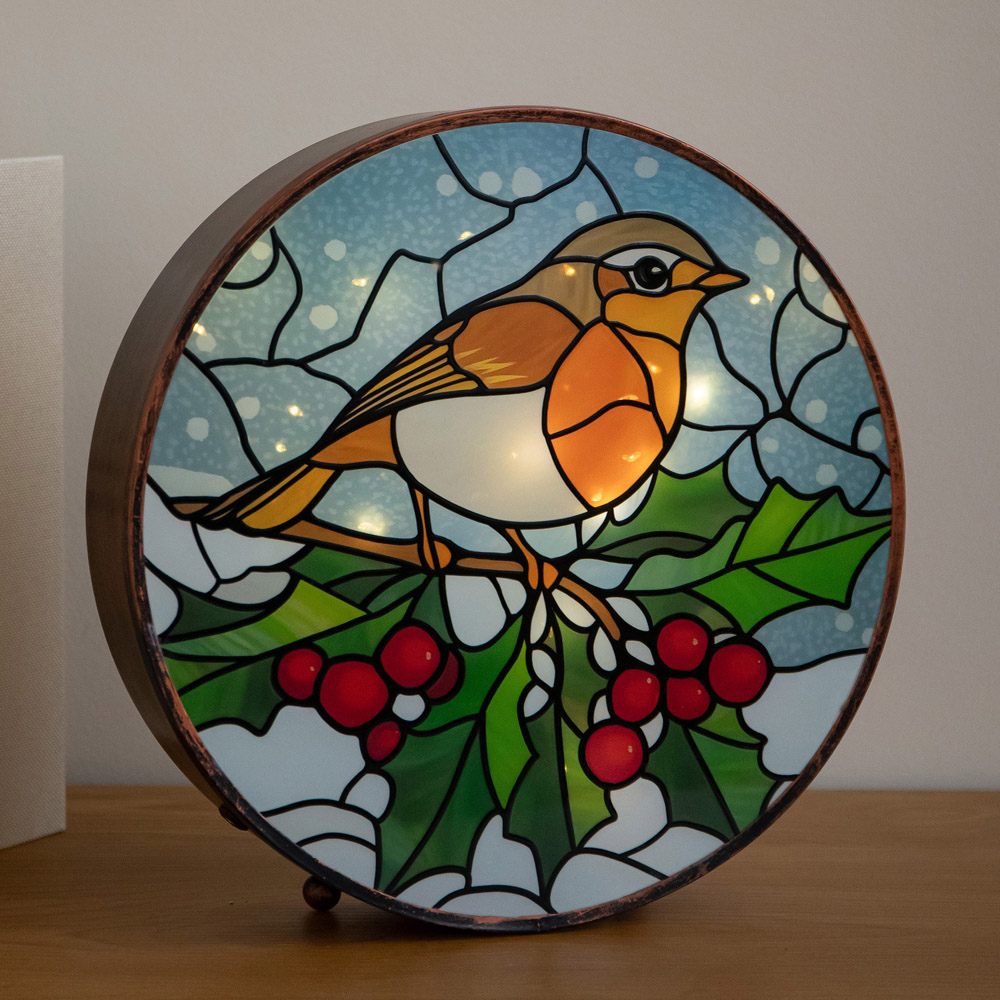 Samuel Alexander LED Light Up Stained Glass Robin Christmas Decoration 25cm Image 1