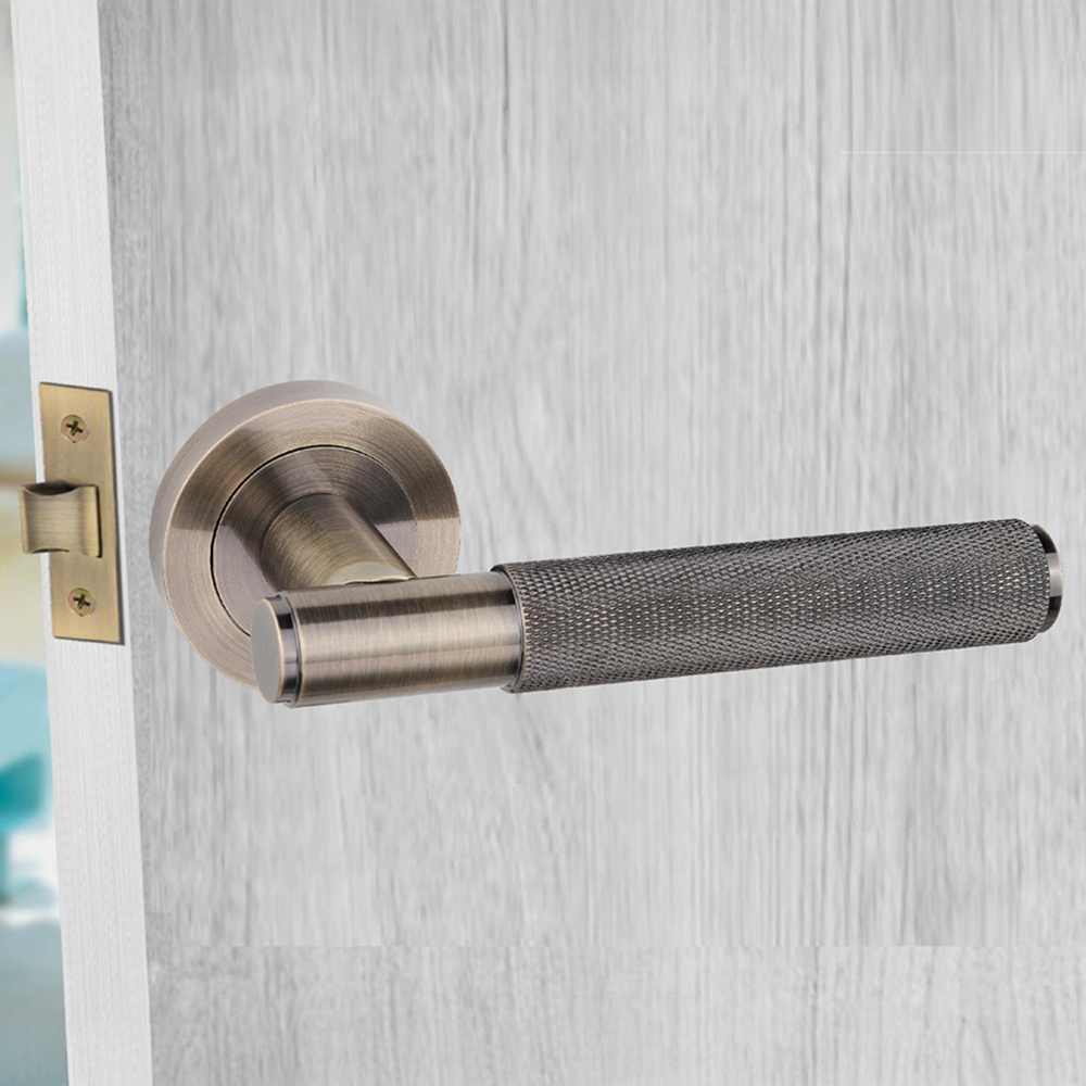 Golden Grace Straight T-Bar Knurled Antique Brass Bathroom Door Handles Thumbturn and Mortise Lock Set Image 2