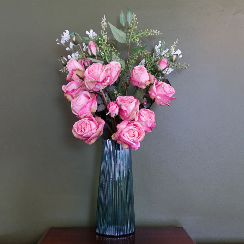 Leaf Pink Rose Artificial Flower Bundle with Glass Vase 60cm 9 Pack Image 2
