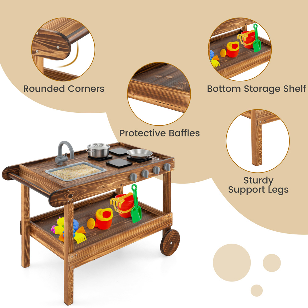 Costway Natural Mud Kitchen with Rolling Wheels Playset Image 7