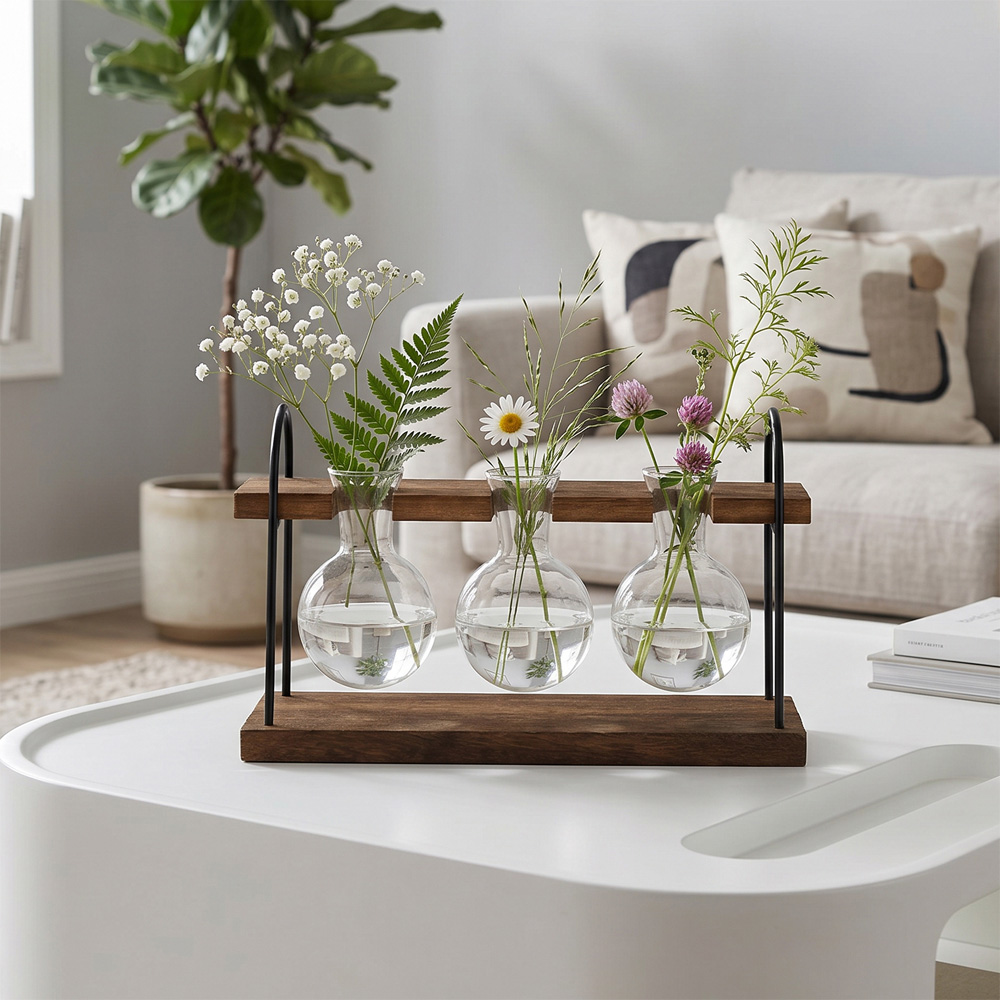 Living and Home 3 Piece Bulb Vase Set with Pine Wood Stand Image 7