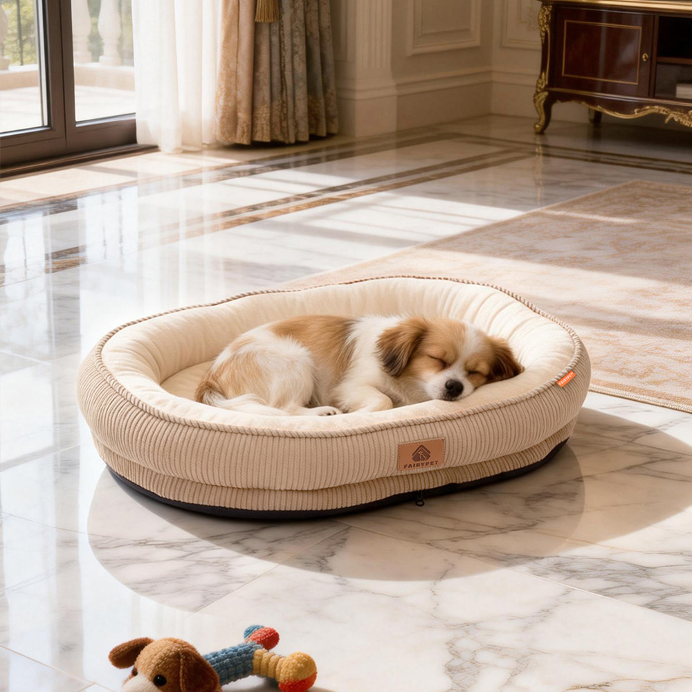 H&O Direct 50cm Brown Corduroy Dog Cuddle Bed with Anti-Slip Bottom Image 2