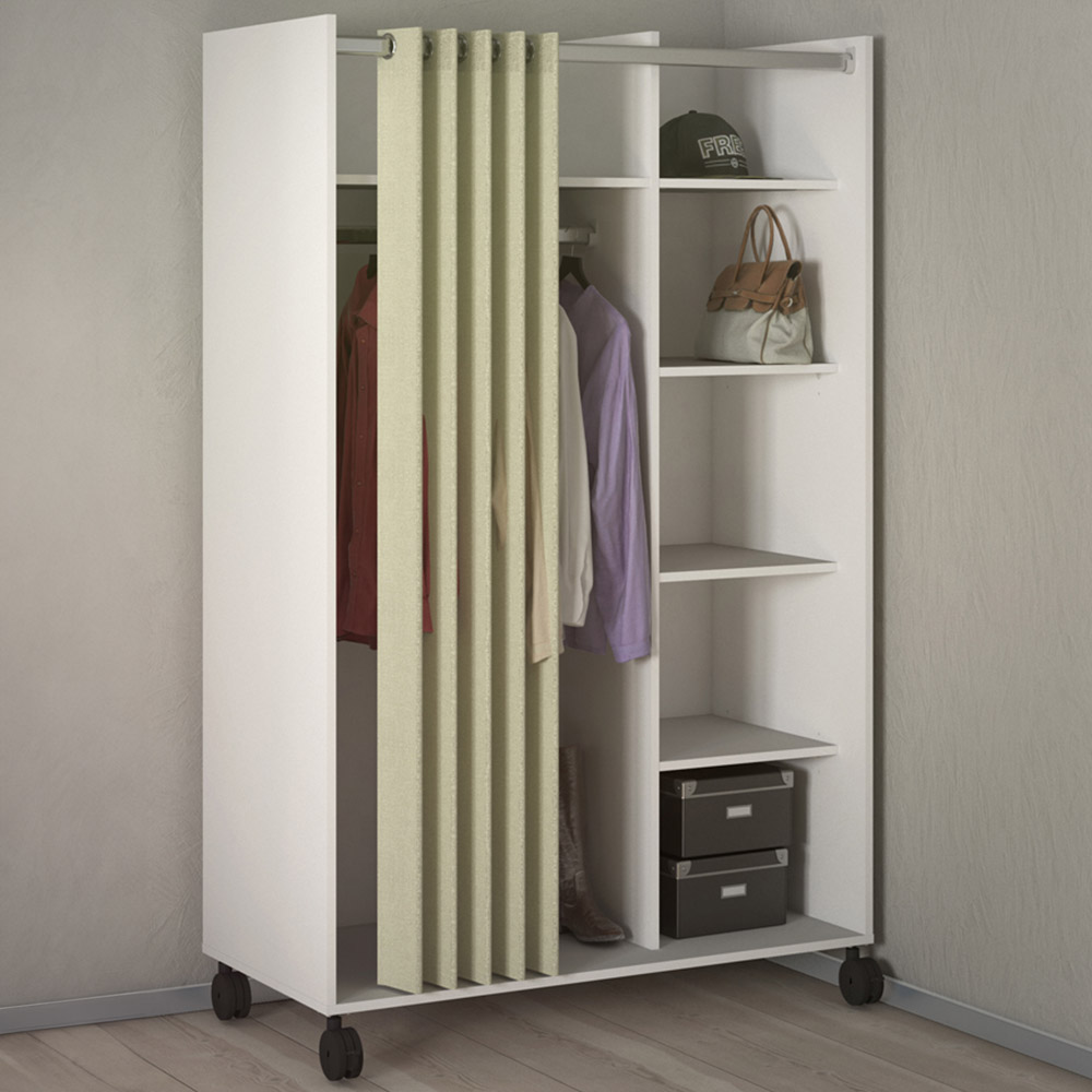 Florence Uppsala 6 Shelf White Open Mobile Wardrobe with Beige Textile Curtain Image 1