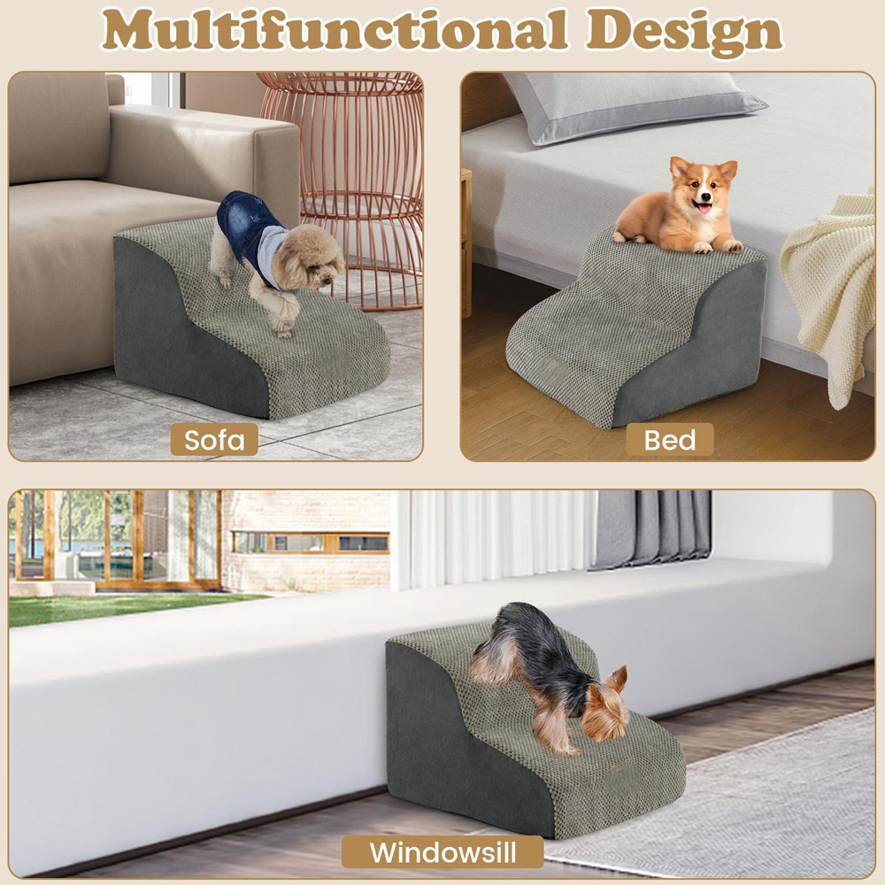 Costway Grey 2 Tier Dog Ramp Pet Stair with Washable Cover Image 4