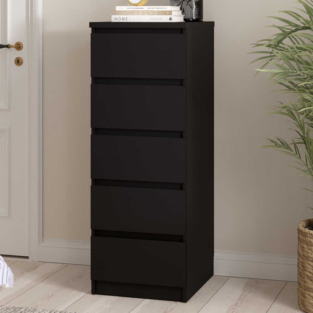 Florence 5 Drawer Matt Black Narrow Chest of Drawers Image 1