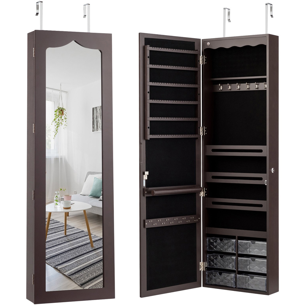 Costway Rustic Brown Mirror Wall Mounted Jewellery Armoire with LED