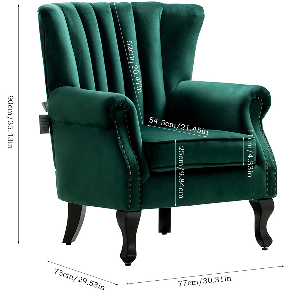 Living and Home Vintage Green Velvet Wingback Armchair with Studs Image 9