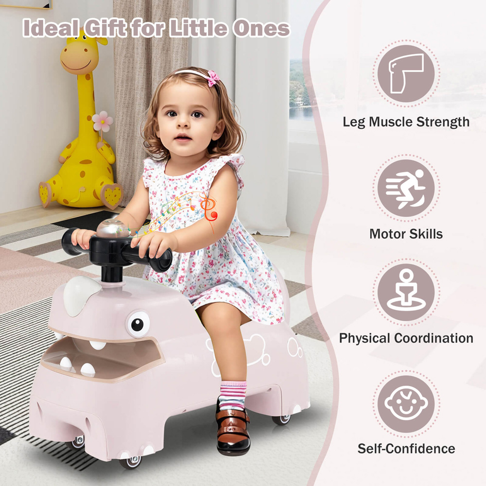 Costway Toddler Pink Dinosaur Foot to Floor Sliding Ride On Push Car with Storage Image 5