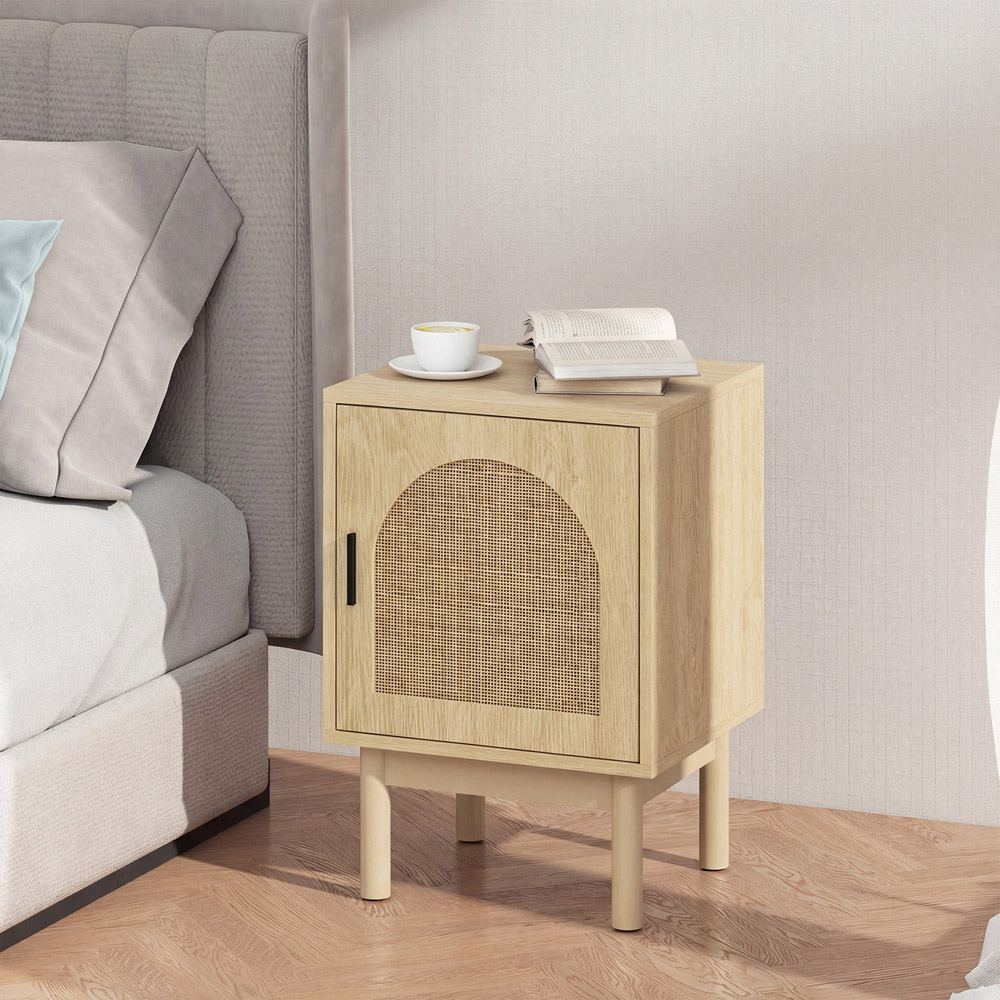 HOMCOM Boho Single Door Natural Rattan Bedside Table Image 3