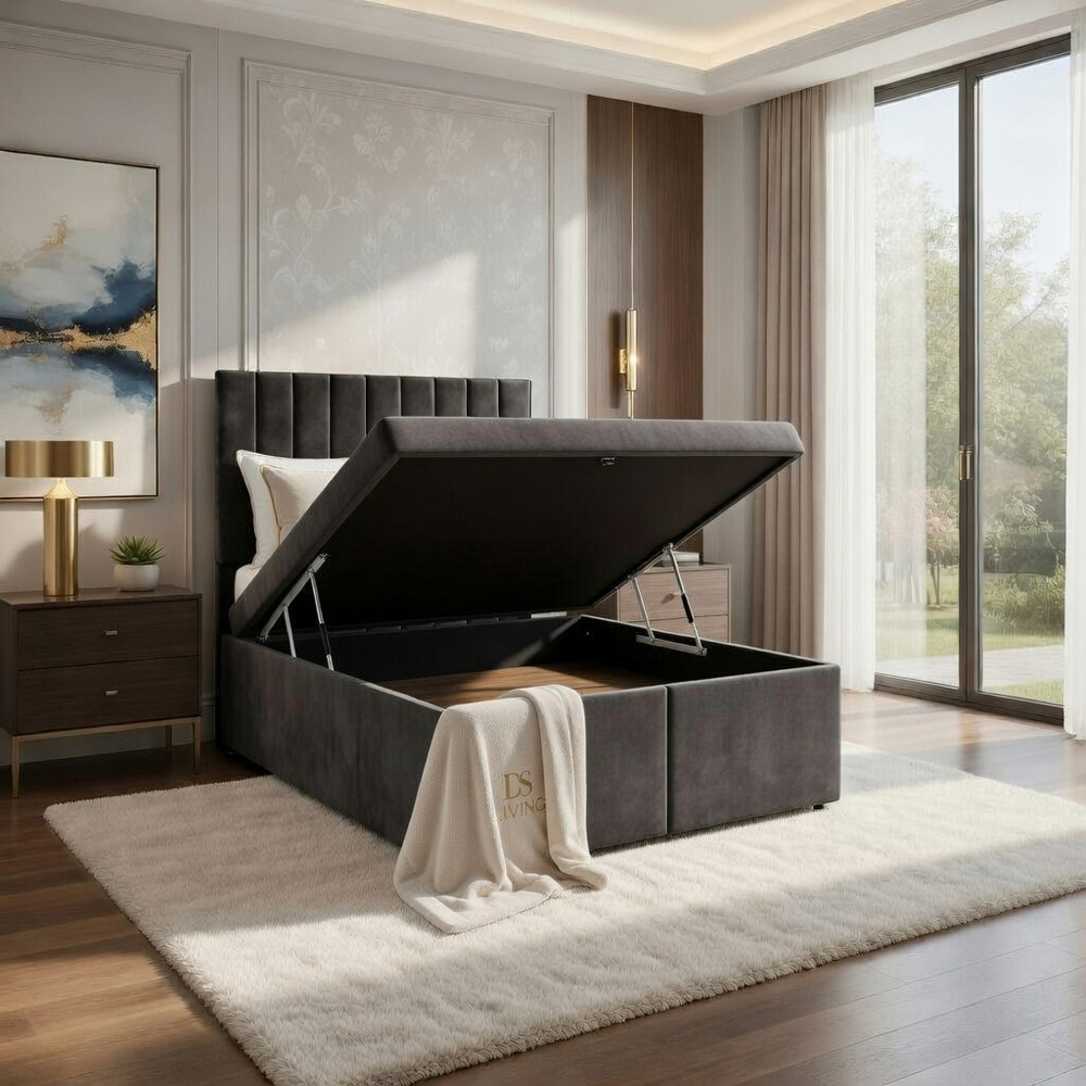 DS Living Aria Double Grey Plush Ottoman Bed Image 2