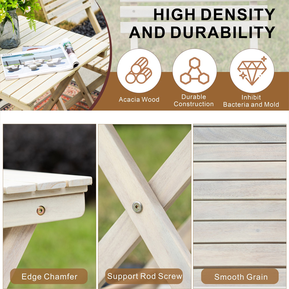 Direct Wicker 2 Seater Sanded Natural Finish Wooden Square Foldable Bistro Set Image 6
