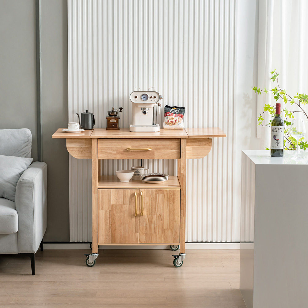 Costway 2 Door Single Drawer Natural Drop Leaf Kitchen Island Trolley Image 2