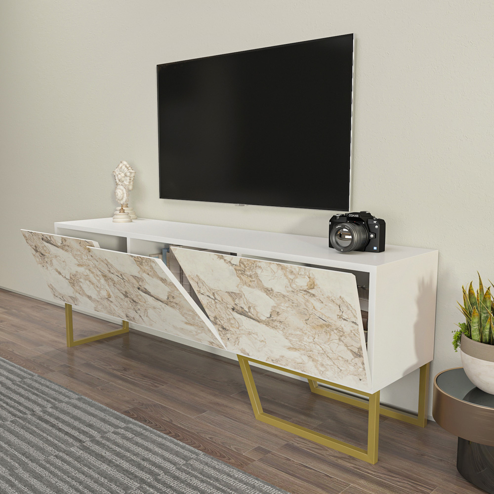 Decorotika Parla 3 Door White Marble and Gold TV Unit Image 4