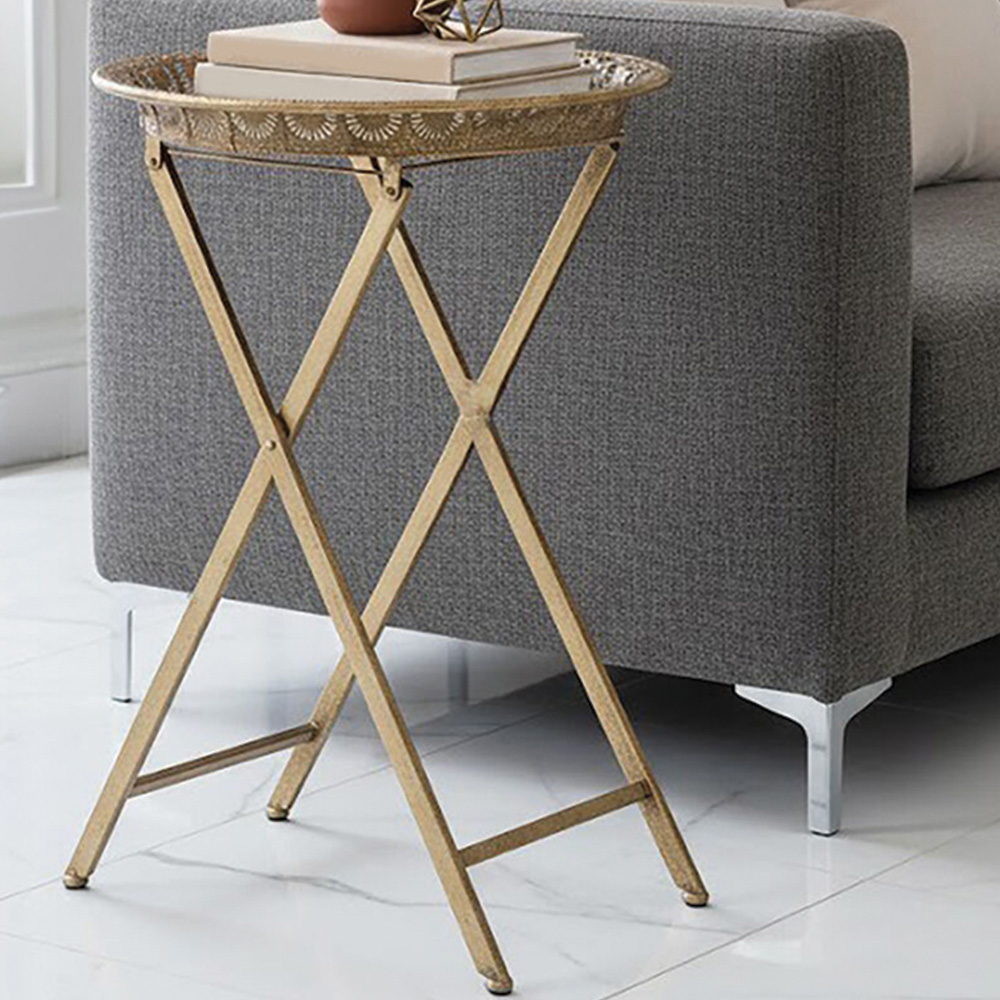 Premier Housewares Reza Gold Finish Foldable Tray Table Image 1