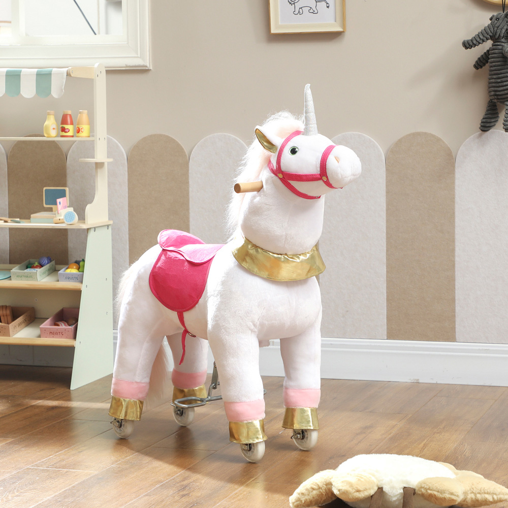 Tommy Toys AIYAPLAY Kids White Plush Ride On Rocking Unicorn with Wheels Image 3