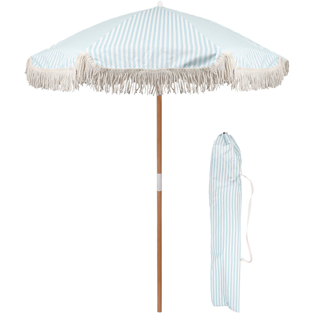 Harbour Housewares Pastel Blue Stripe Wooden Garden Parasol with Tassel Fringe 1.4m Image 3