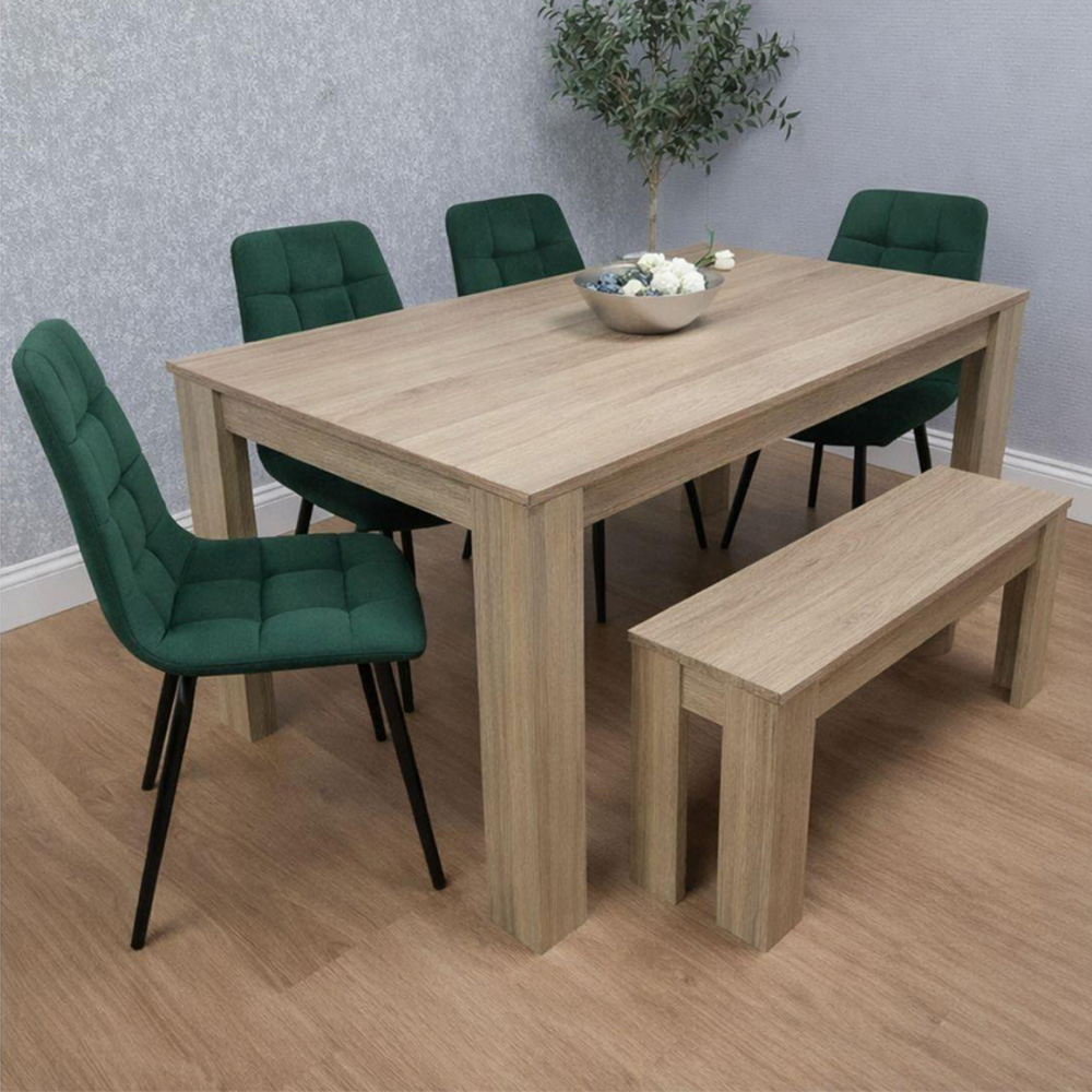 Kosy Koala 6 Seater Velvet Dining Bench Set Oak Effect and Green Image 1