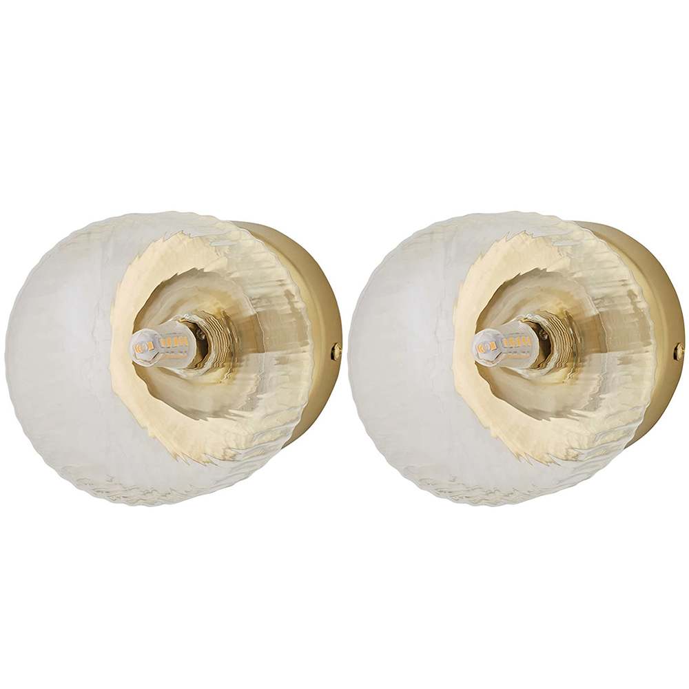 ValueLights Calpe Ribbed Clear Shade Brushed Gold Flush Wall Light with Bulb 2 Pack Image 1
