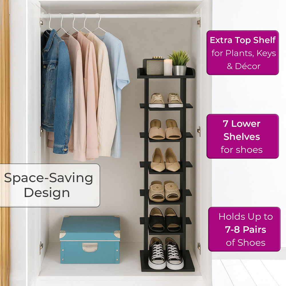 Neo 7 Shelf Black Wooden Slim Shoe Rack Image 6