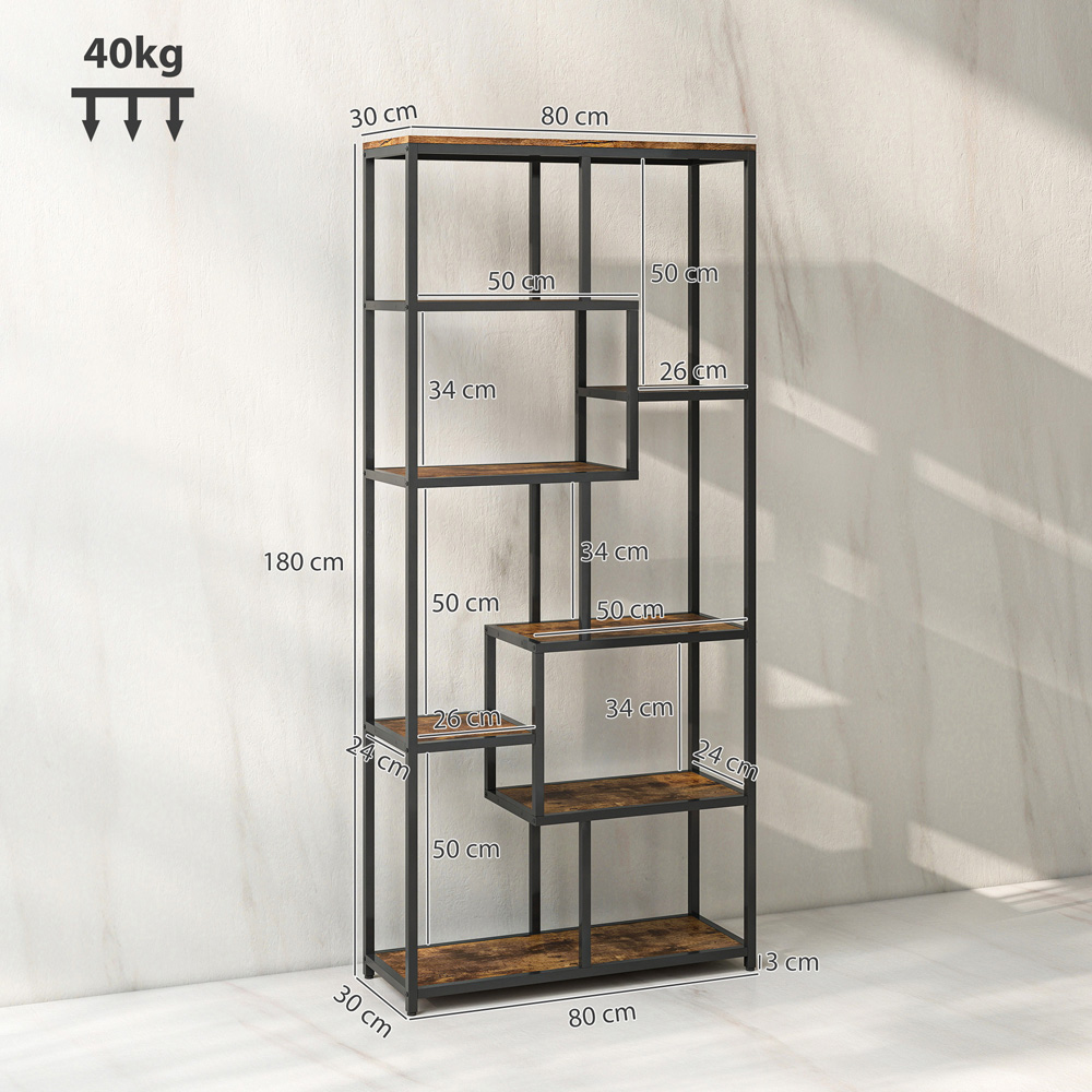 Portland 7 Shelf Rustic Brown and Black Industrial Bookcase Image 9