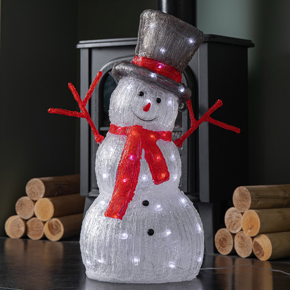 Samuel Alexander White LED Light Up Acrylic Snowman with Top Hat and Scarf Christmas Decoration 55cm Image 1