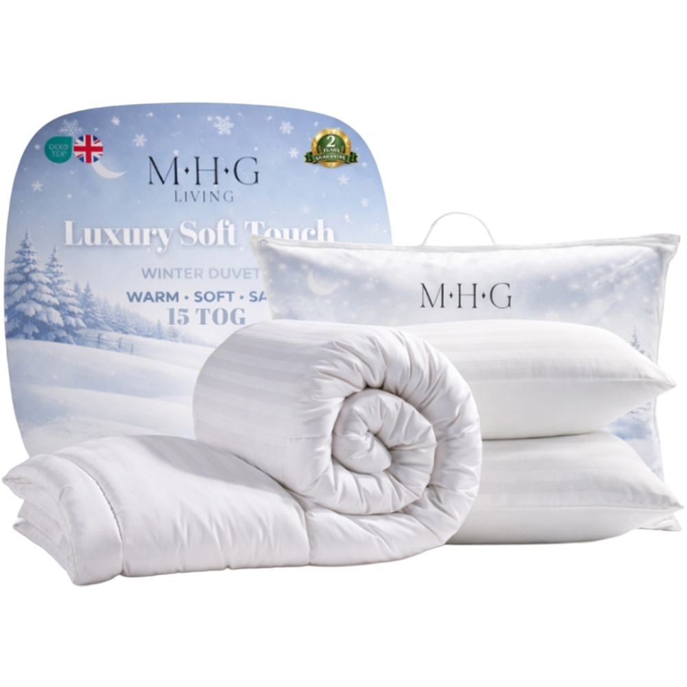 MHG Living Super King Size White Striped Extra Warm Winter Hollowfibre Duvet Set 15 Tog Image 1