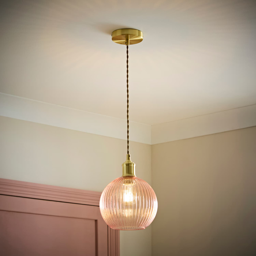 ValueLights Maddison Pink Glass Globe Brushed Gold LED Ceiling Pendant Light with Bulb Image 6