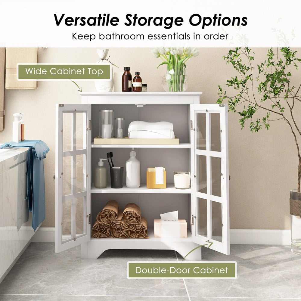 Costway 2 Door White Glass Floor Cabinet with Adjustable Shelves Image 7