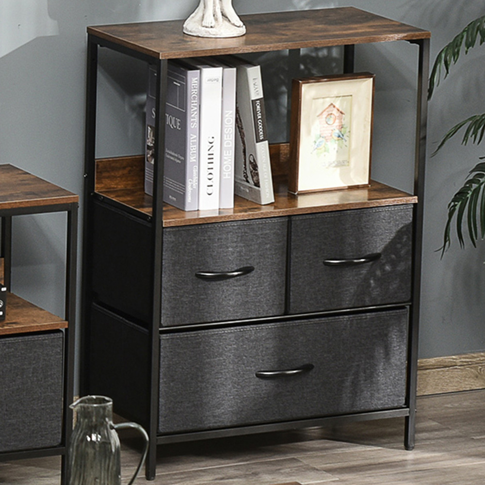 HOMCOM 3 Fabric Drawer Black Chest of Drawers Image 1