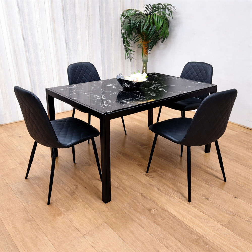 Kosy Koala 4 Seater Glass and Faux Leather Gem Pattern Dining Set Black and Marble Effect Image 3