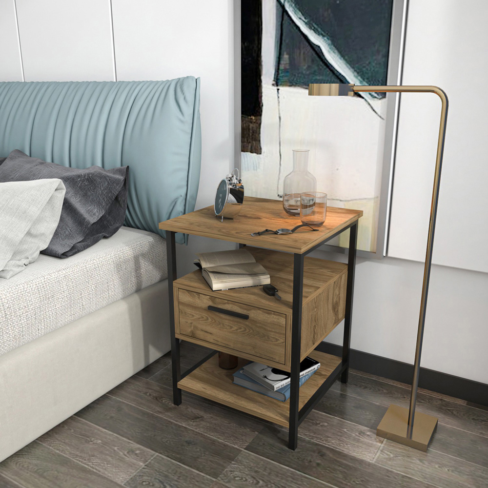 Decorotika Alba Single Drawer 2 Shelf Oud and Black Side Table Image 4