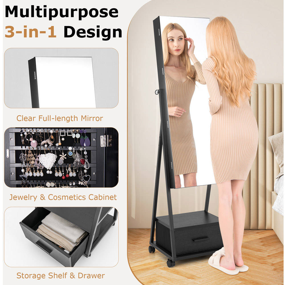 Costway Black Mobile Standing Lockable Jewellery Cabinet with Full Length Mirror Image 5