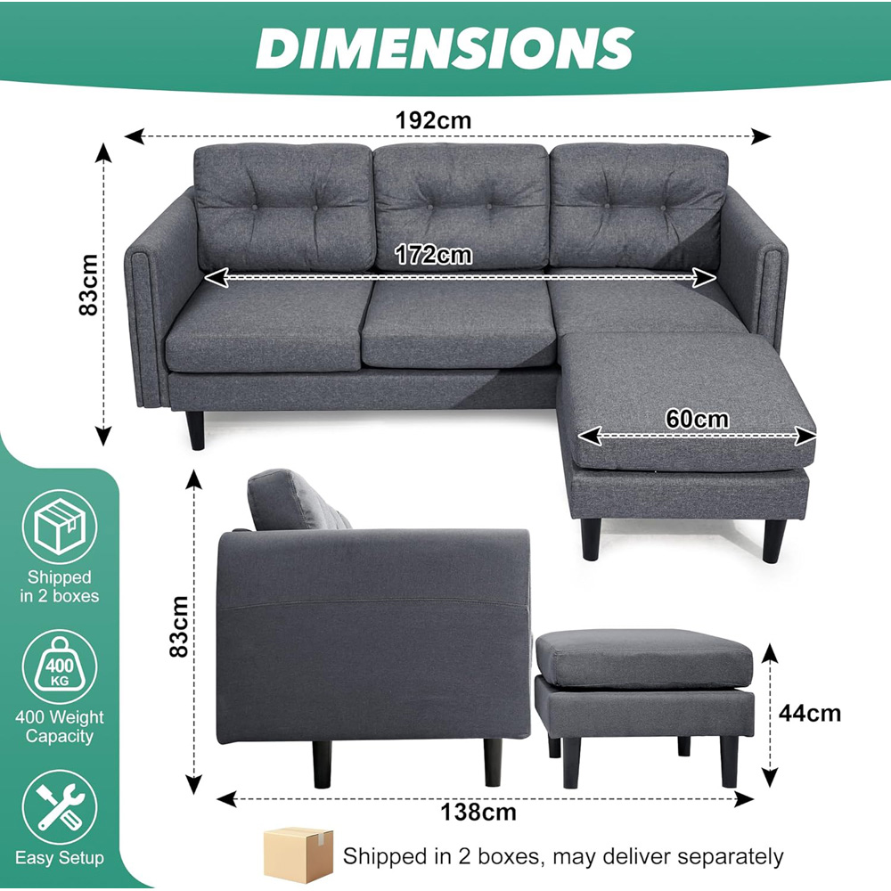 Alivio 4 Seater Grey Linen Fabric Modern L-Shaped Sectional Sofa with Movable Chaise Image 9